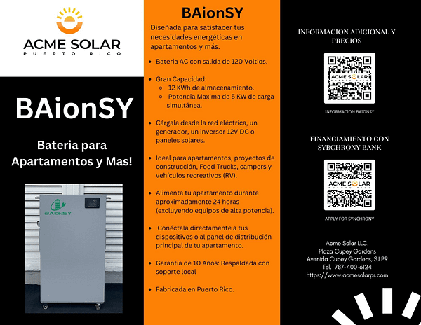 Brochure Informativo BAionSY
Bateria AC a 120 Voltios y 12 KWh de almacenamiento de energia.